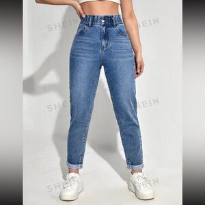 SHEIN EZwear Paper Bag Waist Roll Hem Mom Jeans